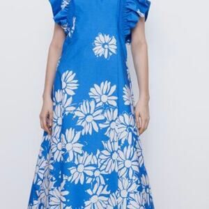 Zara Printed Poplin Ruffled Sleeves Dress Blue With Flowers Size Medium